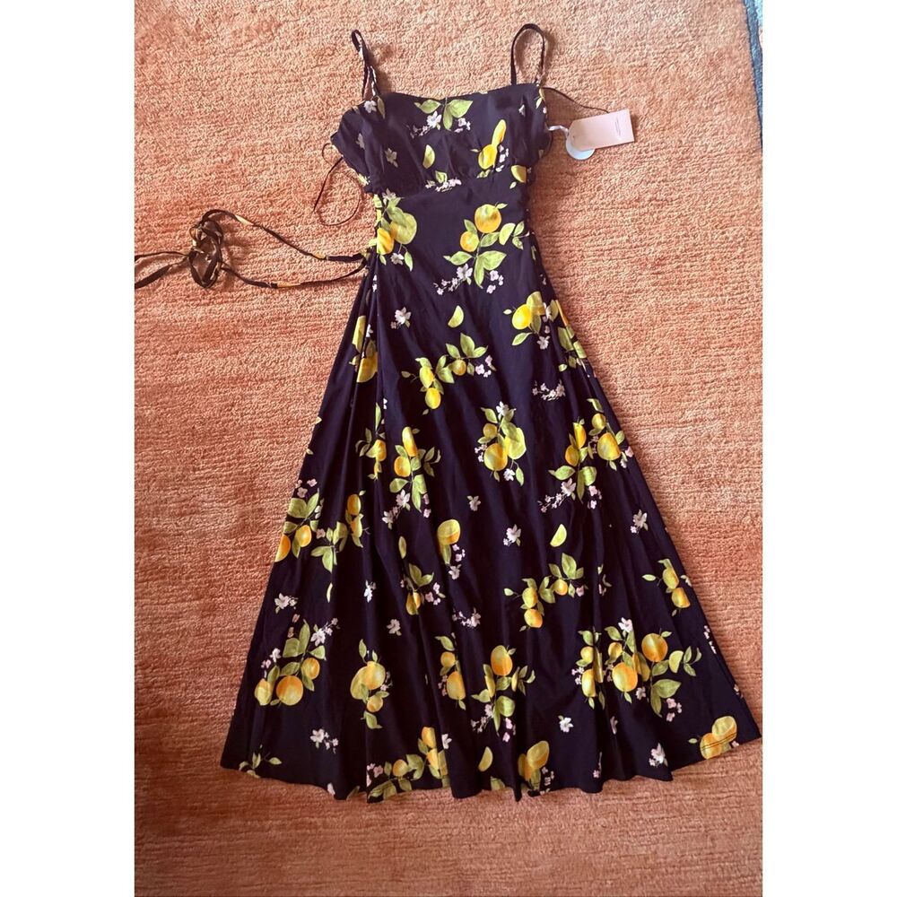 Flying Tomato Lemon Print Midi Dress Lace-Up Back Black Yellow NWT Size M